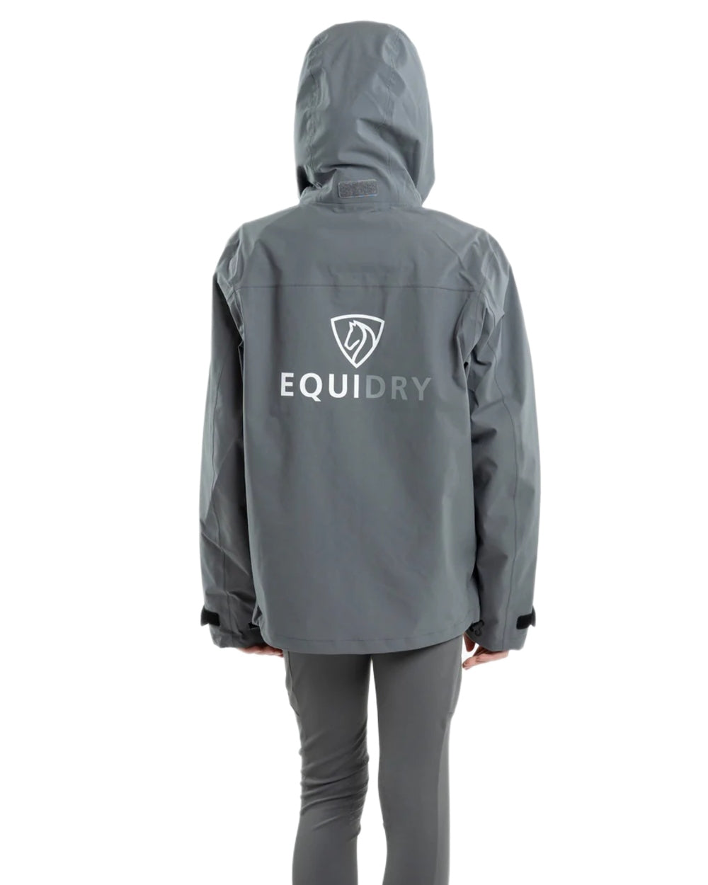 Charcoal coloured Equidry Childrens Nimbus Pack Away Jacket With Stowaway Hood on white background 
