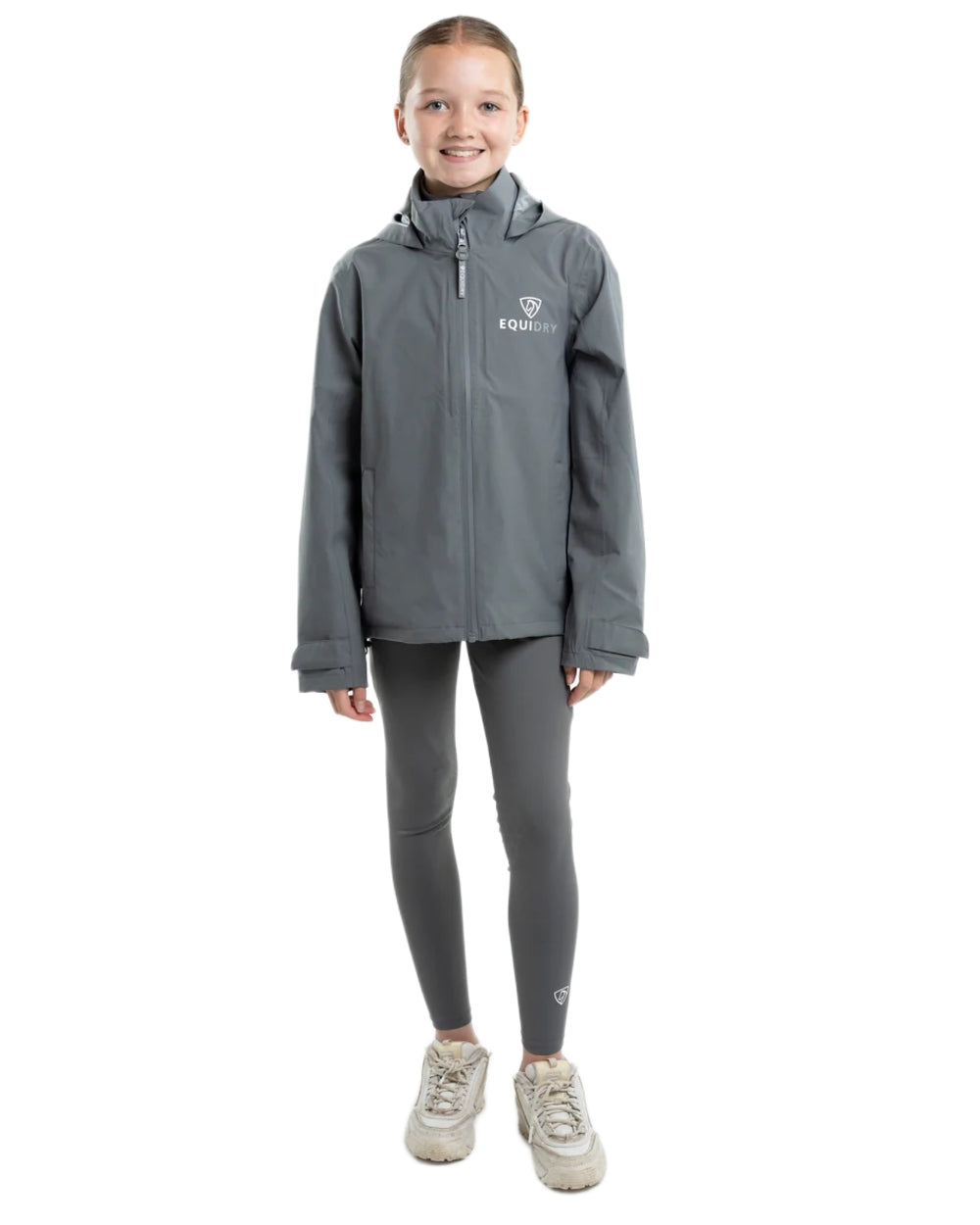 Charcoal coloured Equidry Childrens Nimbus Pack Away Jacket With Stowaway Hood on white background 