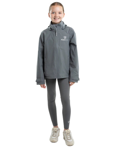 Charcoal coloured Equidry Childrens Nimbus Pack Away Jacket With Stowaway Hood on white background 