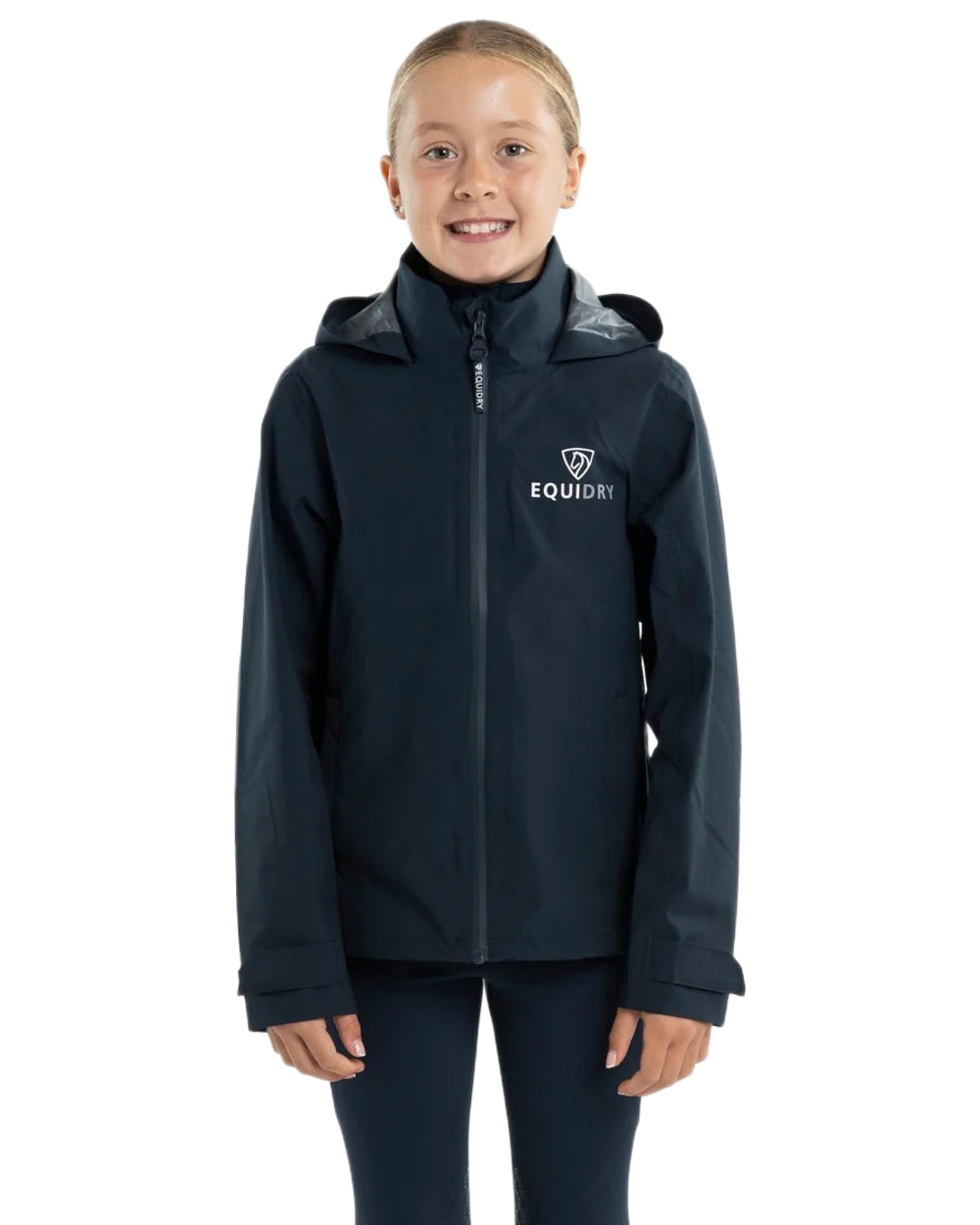 Navy coloured Equidry Childrens Nimbus Pack Away Jacket With Stowaway Hood on white background 