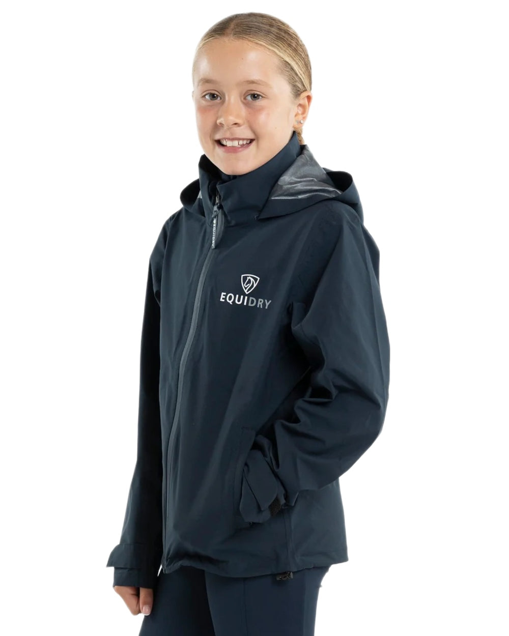 Navy coloured Equidry Childrens Nimbus Pack Away Jacket With Stowaway Hood on white background 