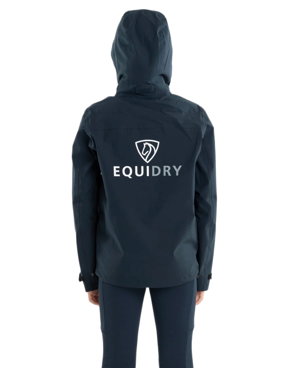 Navy coloured Equidry Childrens Nimbus Pack Away Jacket With Stowaway Hood on white background 