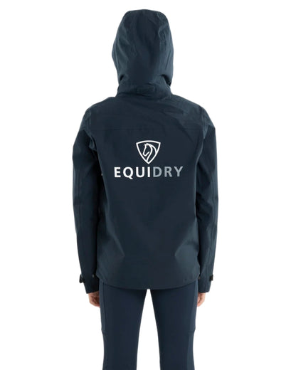 Navy coloured Equidry Childrens Nimbus Pack Away Jacket With Stowaway Hood on white background 