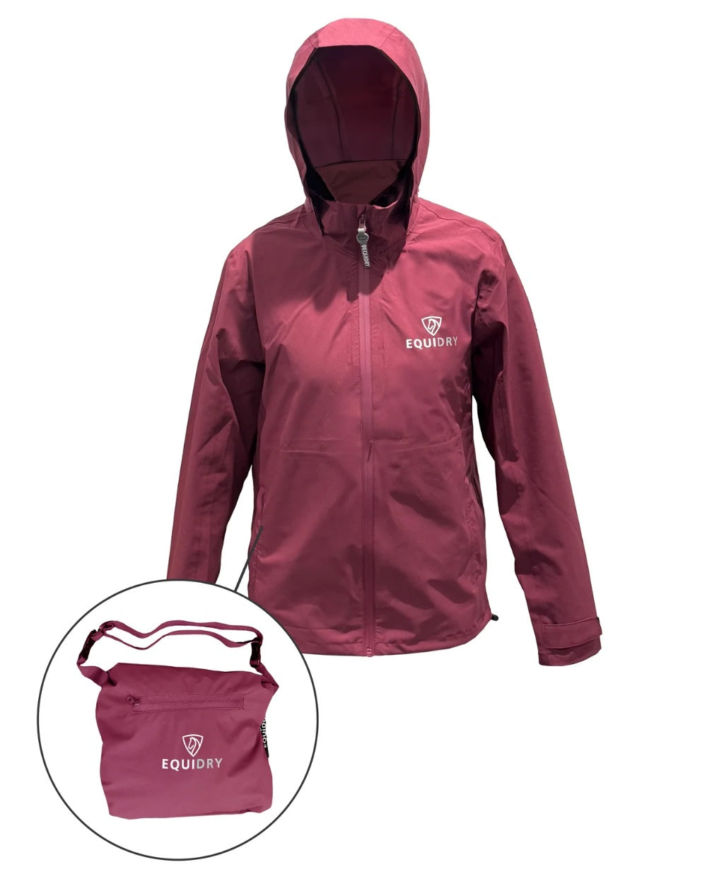 Plum coloured Equidry Childrens Nimbus Pack Away Jacket With Stowaway Hood on white background 