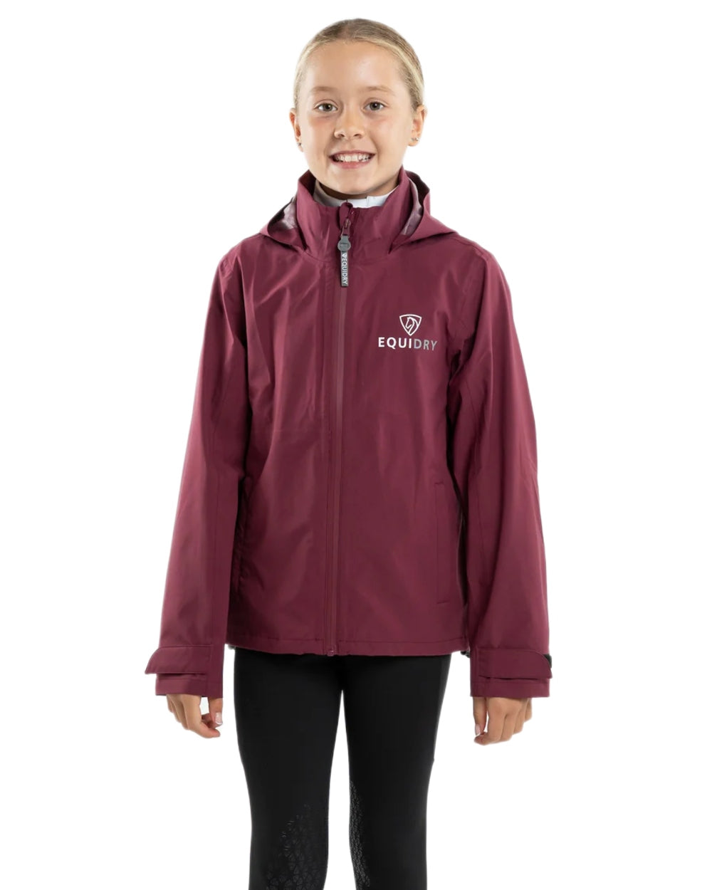 Plum coloured Equidry Childrens Nimbus Pack Away Jacket With Stowaway Hood on white background 