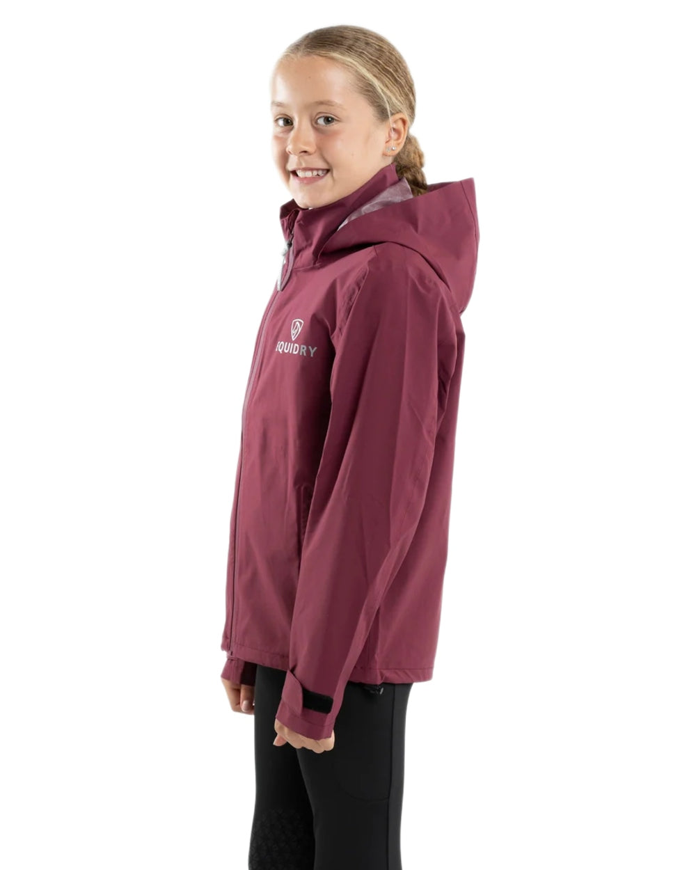 Plum coloured Equidry Childrens Nimbus Pack Away Jacket With Stowaway Hood on white background 