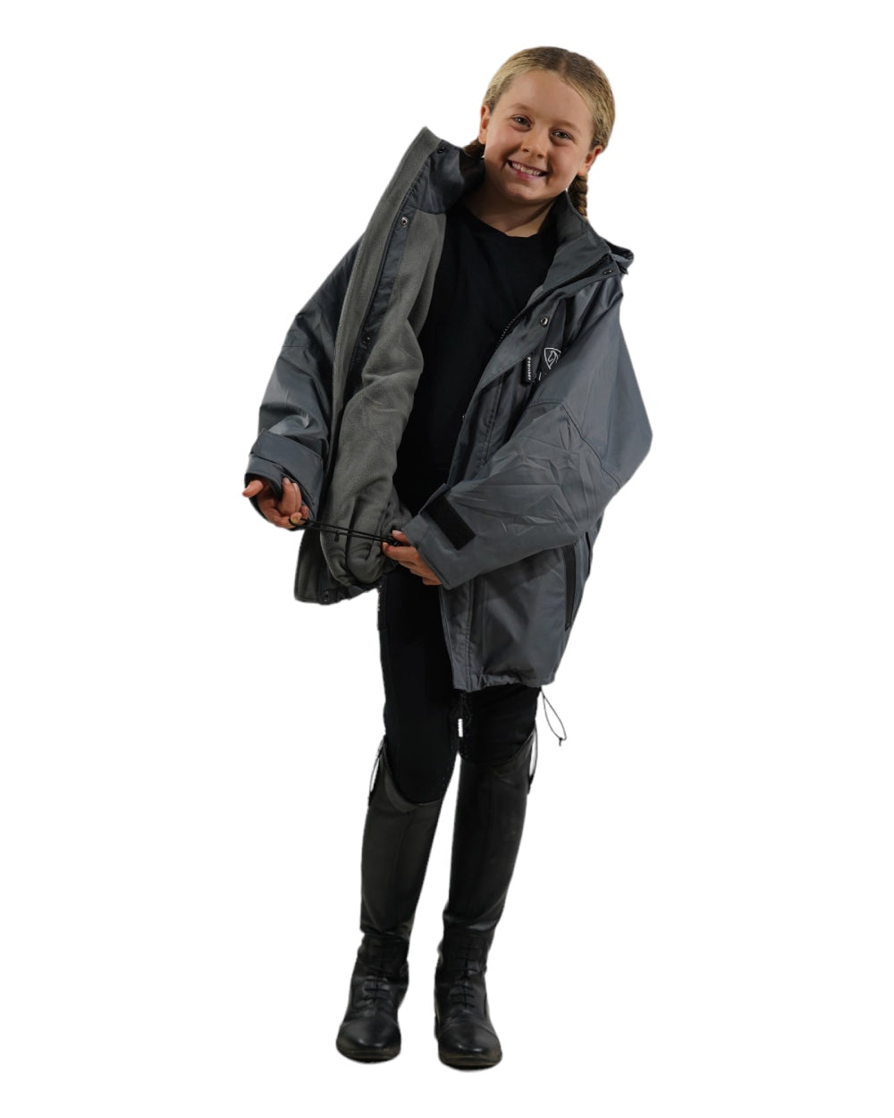 Charcoal Grey coloured Equidry Childrens Shortie Jacket on white background 