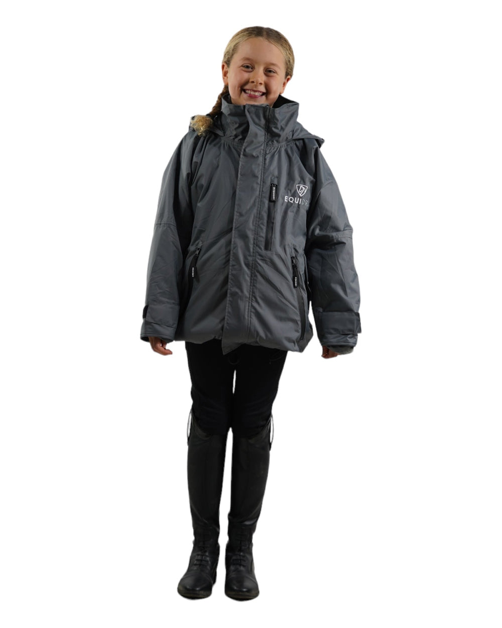 Charcoal Grey coloured Equidry Childrens Shortie Jacket on white background 