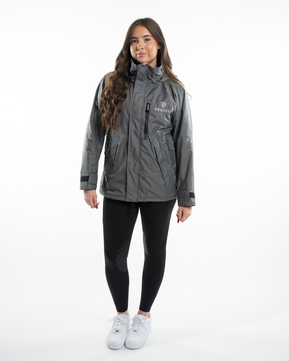 Charcoal Penelope Pink coloured Equidry Childrens Shortie Jacket on white background 