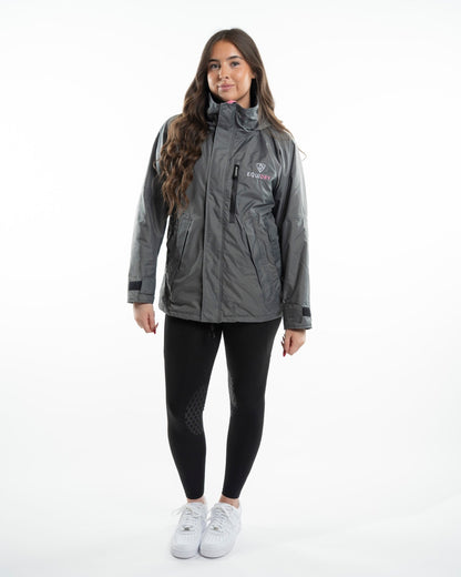 Charcoal Penelope Pink coloured Equidry Childrens Shortie Jacket on white background 