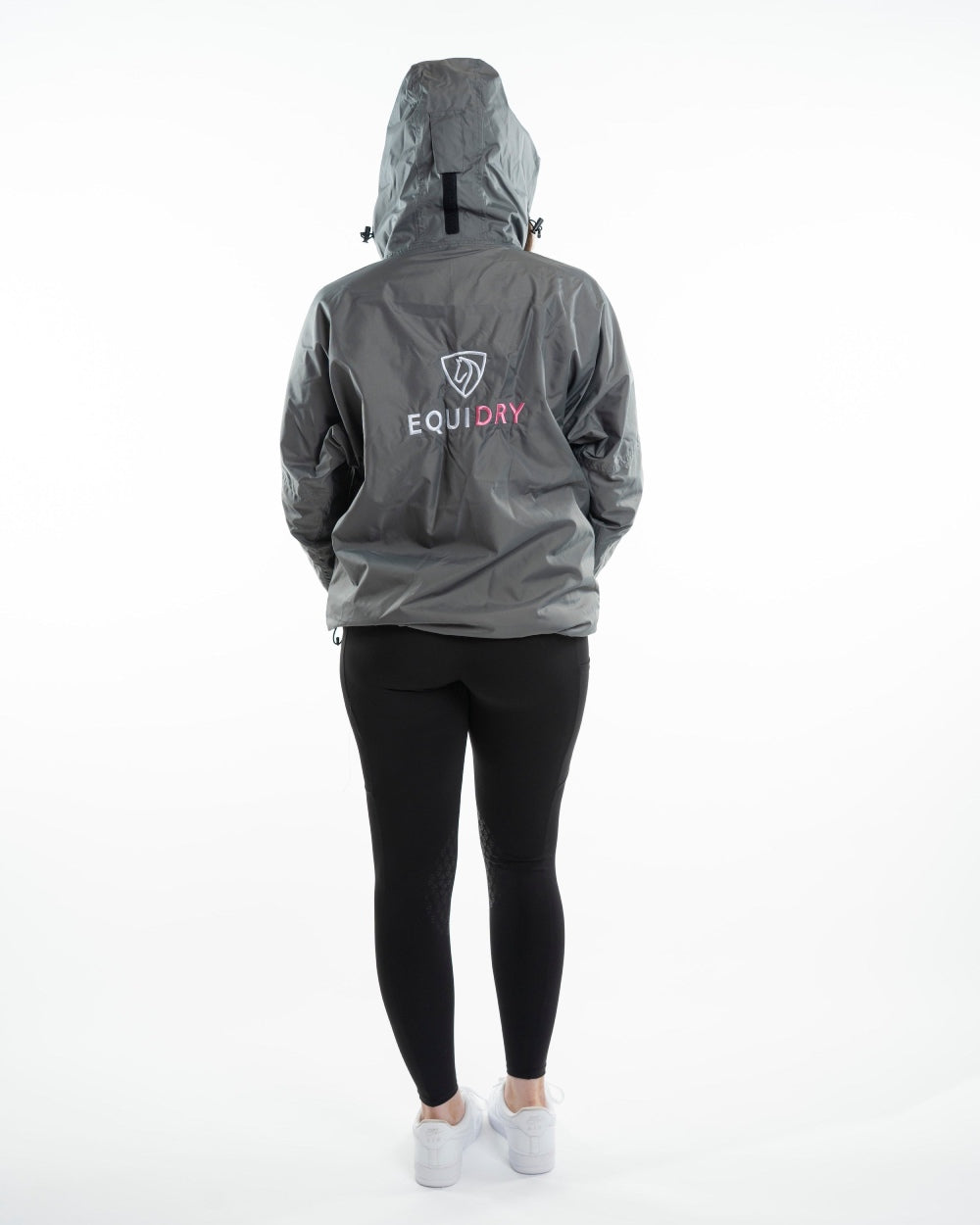 Charcoal Penelope Pink coloured Equidry Childrens Shortie Jacket on white background 
