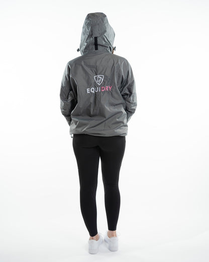 Charcoal Penelope Pink coloured Equidry Childrens Shortie Jacket on white background 