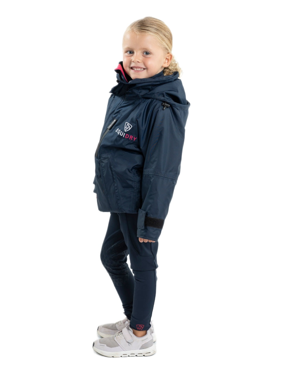 Navy Raspberry coloured Equidry Childrens Shortie Jacket on white background 