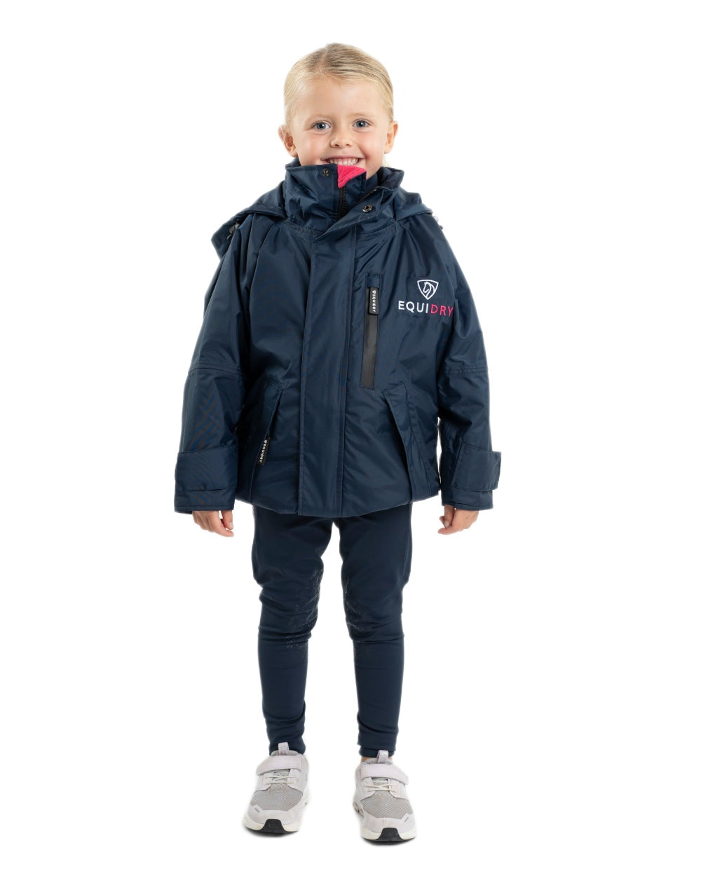 Navy Raspberry coloured Equidry Childrens Shortie Jacket on white background 