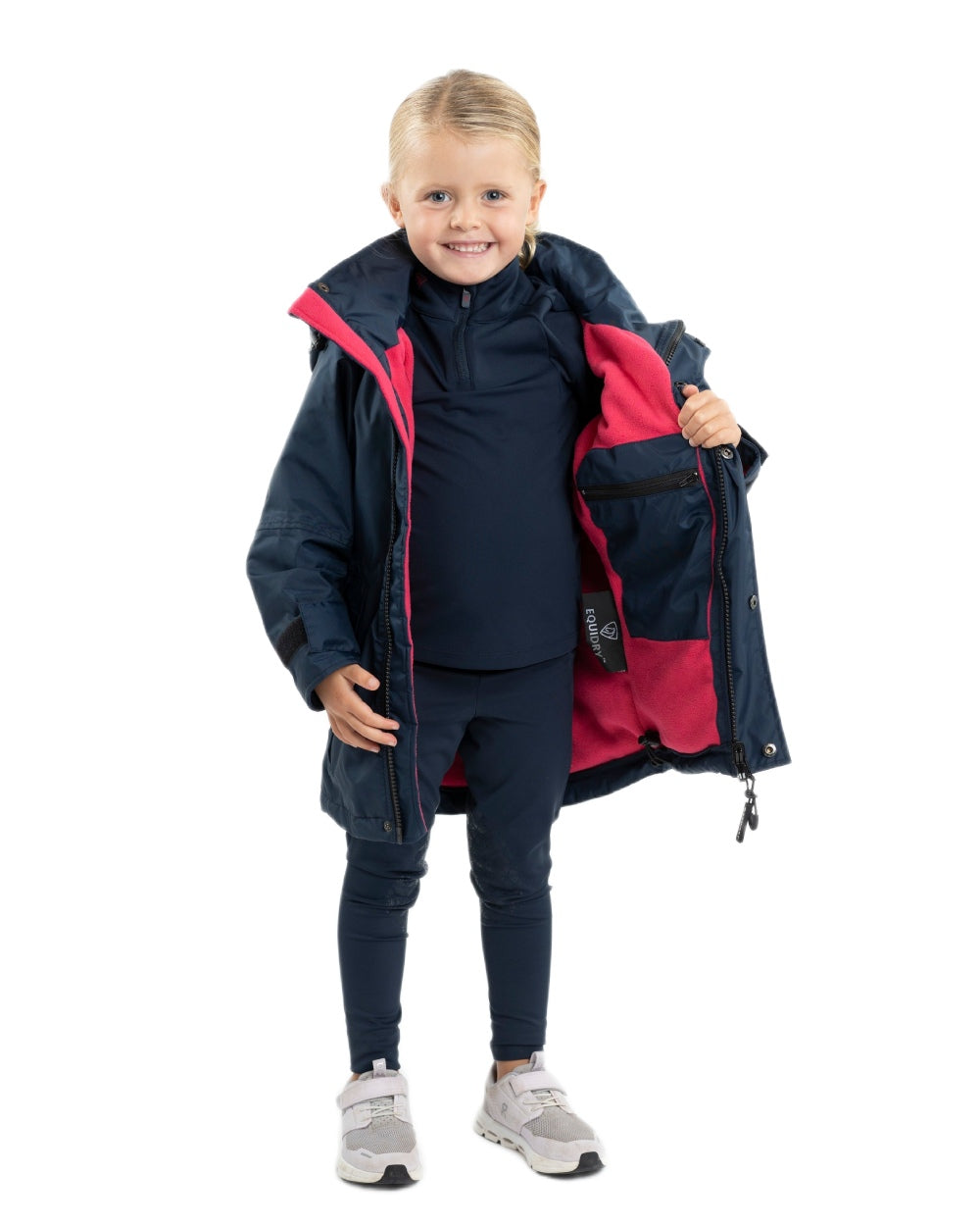 Navy Raspberry coloured Equidry Childrens Shortie Jacket on white background 