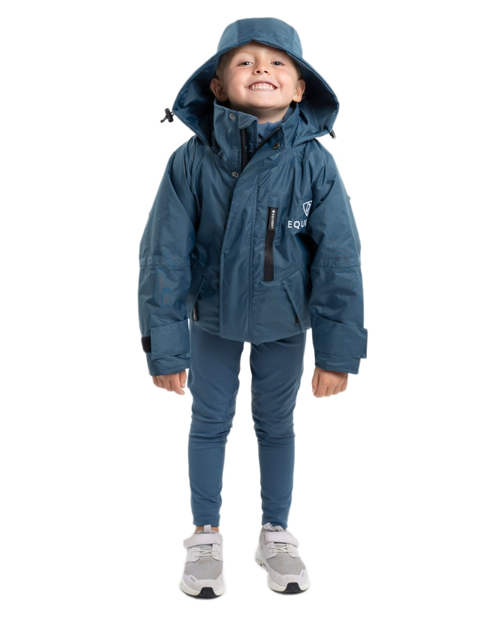 Steel Blue coloured Equidry Childrens Shortie Jacket on white background 