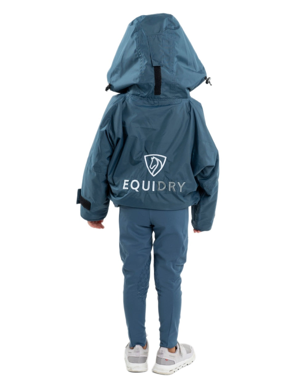Steel Blue coloured Equidry Childrens Shortie Jacket on white background 