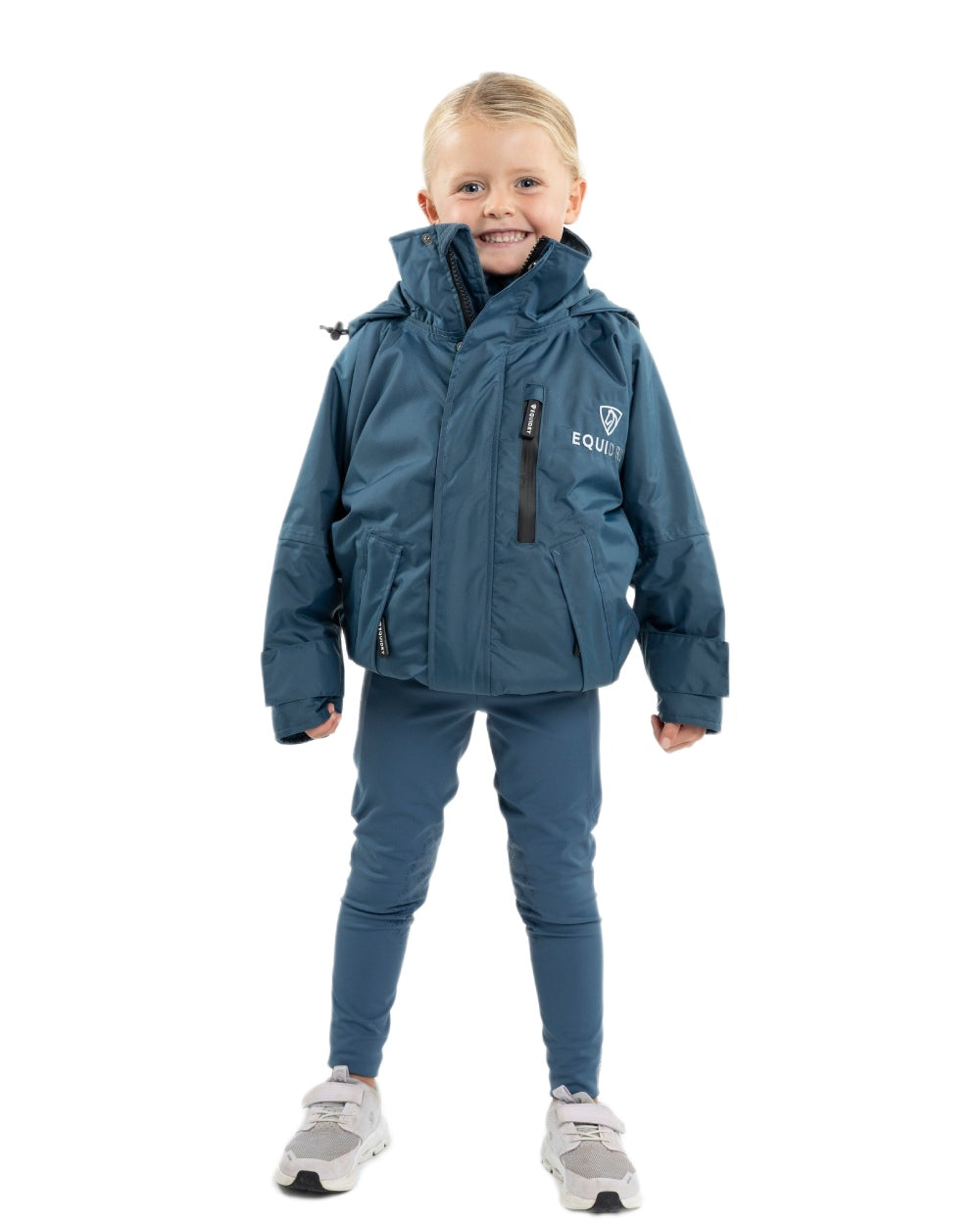 Steel Blue coloured Equidry Childrens Shortie Jacket on white background 