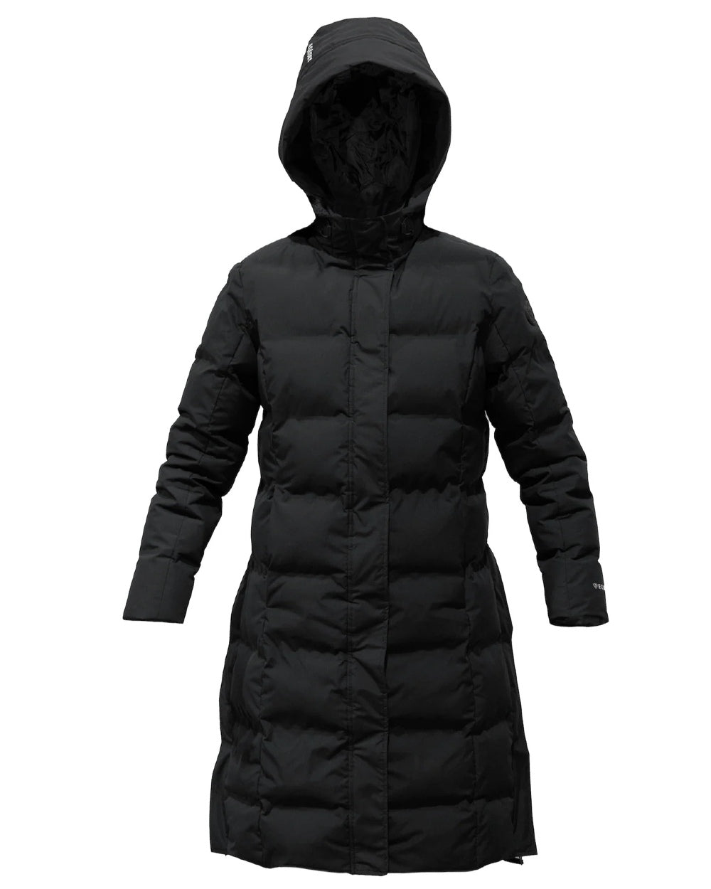 Black coloured Equidry Childrens Thora Waterproof Riding Puffer Jacket With Hood on white background 
