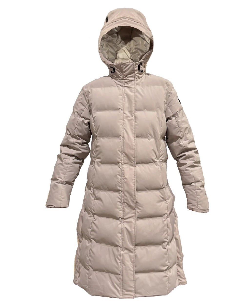 Taupe coloured Equidry Childrens Thora Waterproof Riding Puffer Jacket With Hood on white background 