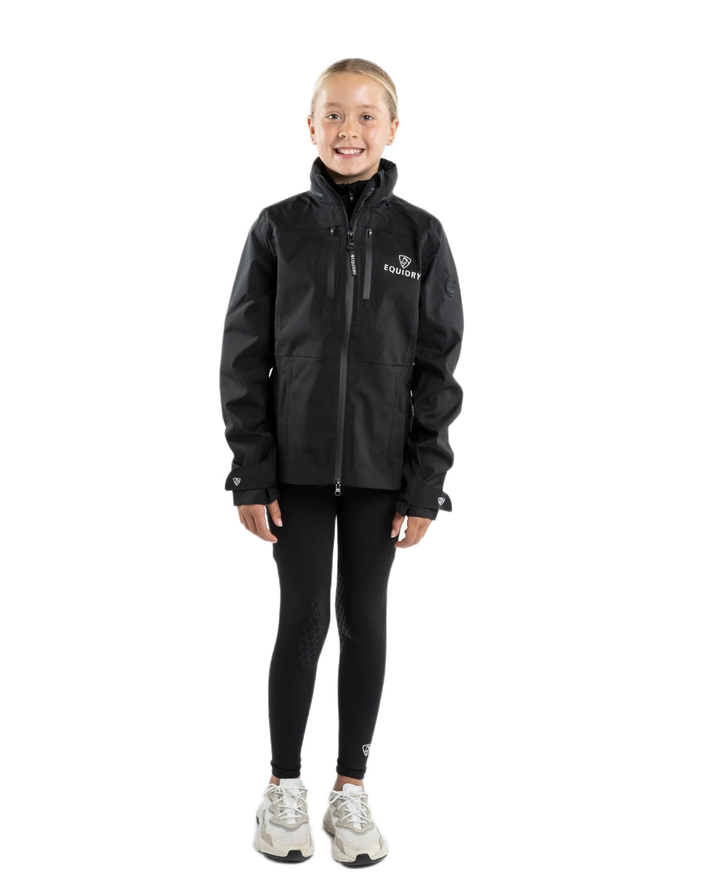 Black coloured Equidry Childrens Varsha Waterproof Jacket on white background 