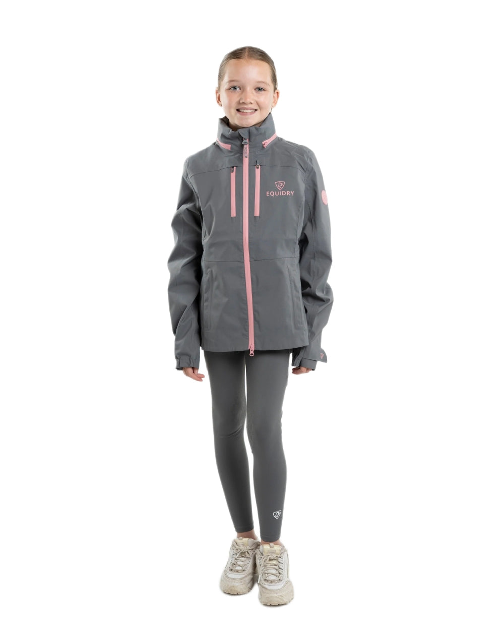 Charcoal Pink Equidry Childrens Varsha Waterproof Jacket on white background 