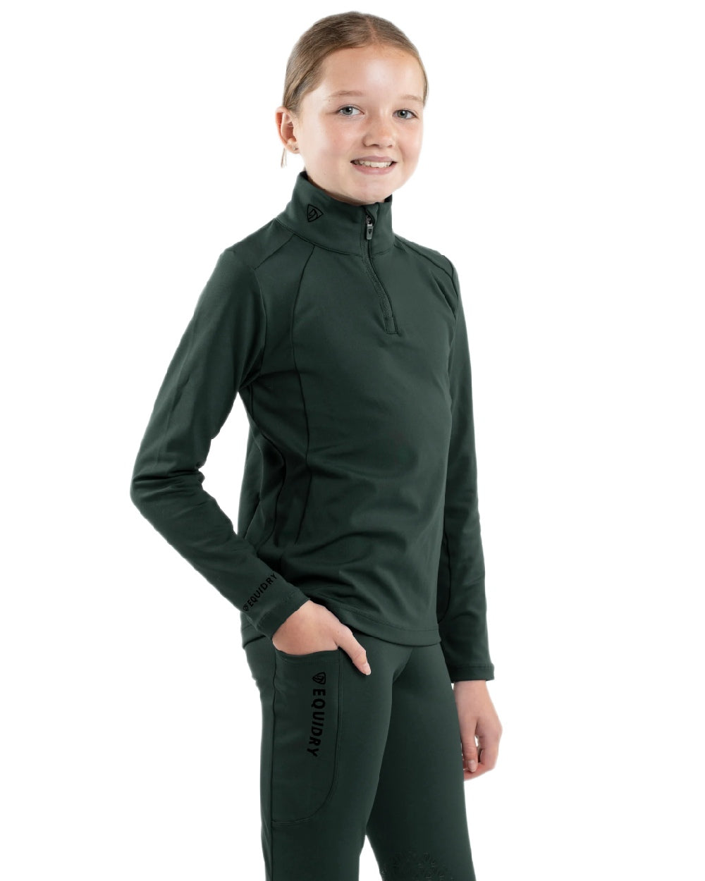 Black ForestGreen Black Coloured Equidry Childrens Water Repellent Base Layer on white background 