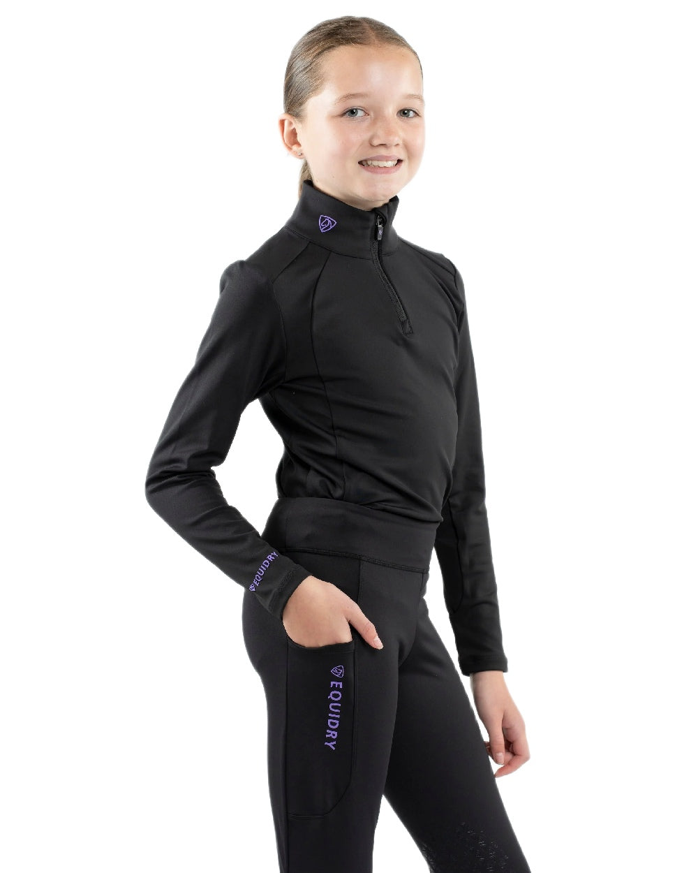 Black Lilac Coloured Equidry Childrens Water Repellent Base Layer on white background 