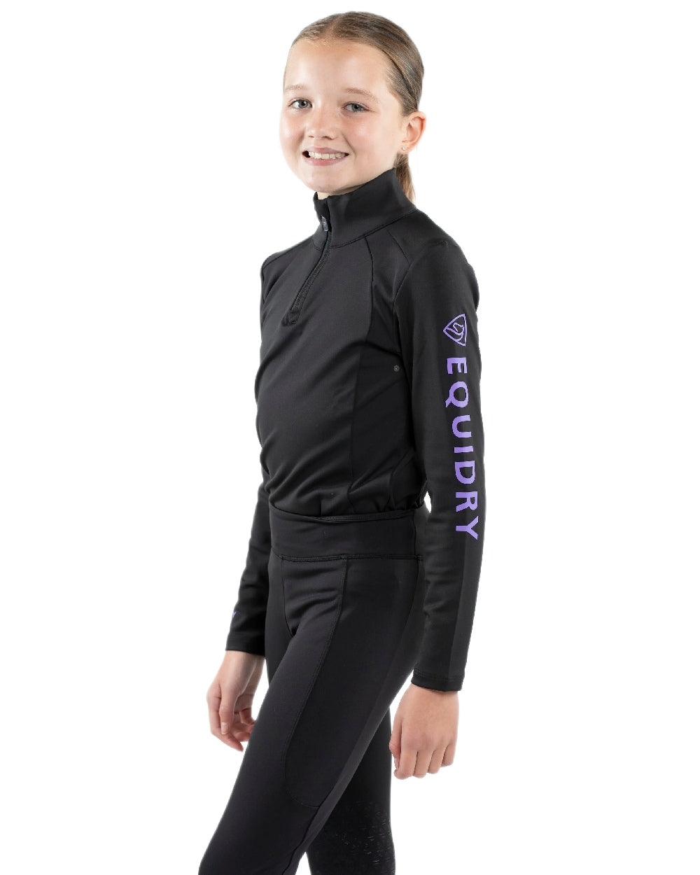 Black Lilac Coloured Equidry Childrens Water Repellent Base Layer on white background 