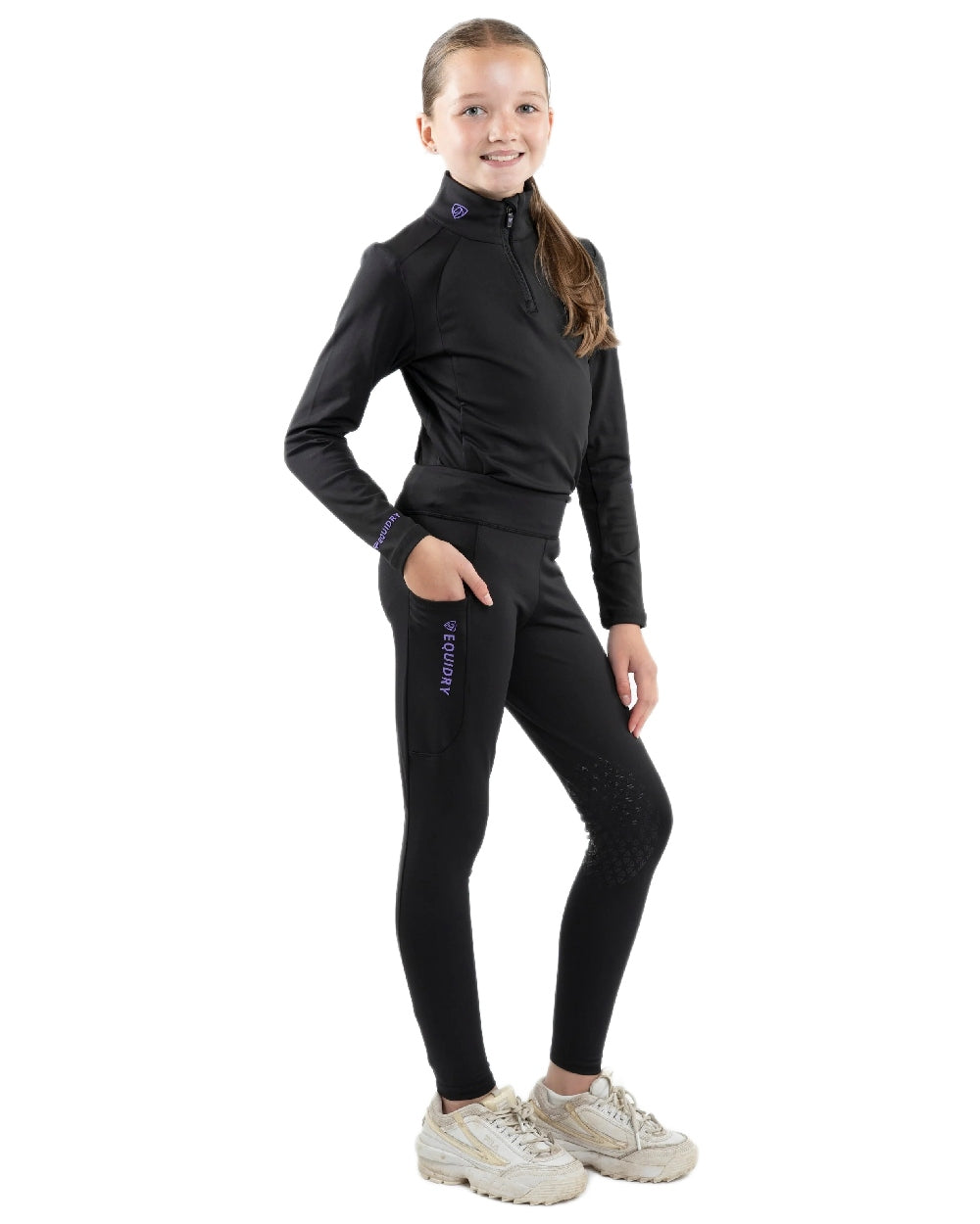 Black Lilac Coloured Equidry Childrens Water Repellent Base Layer on white background 