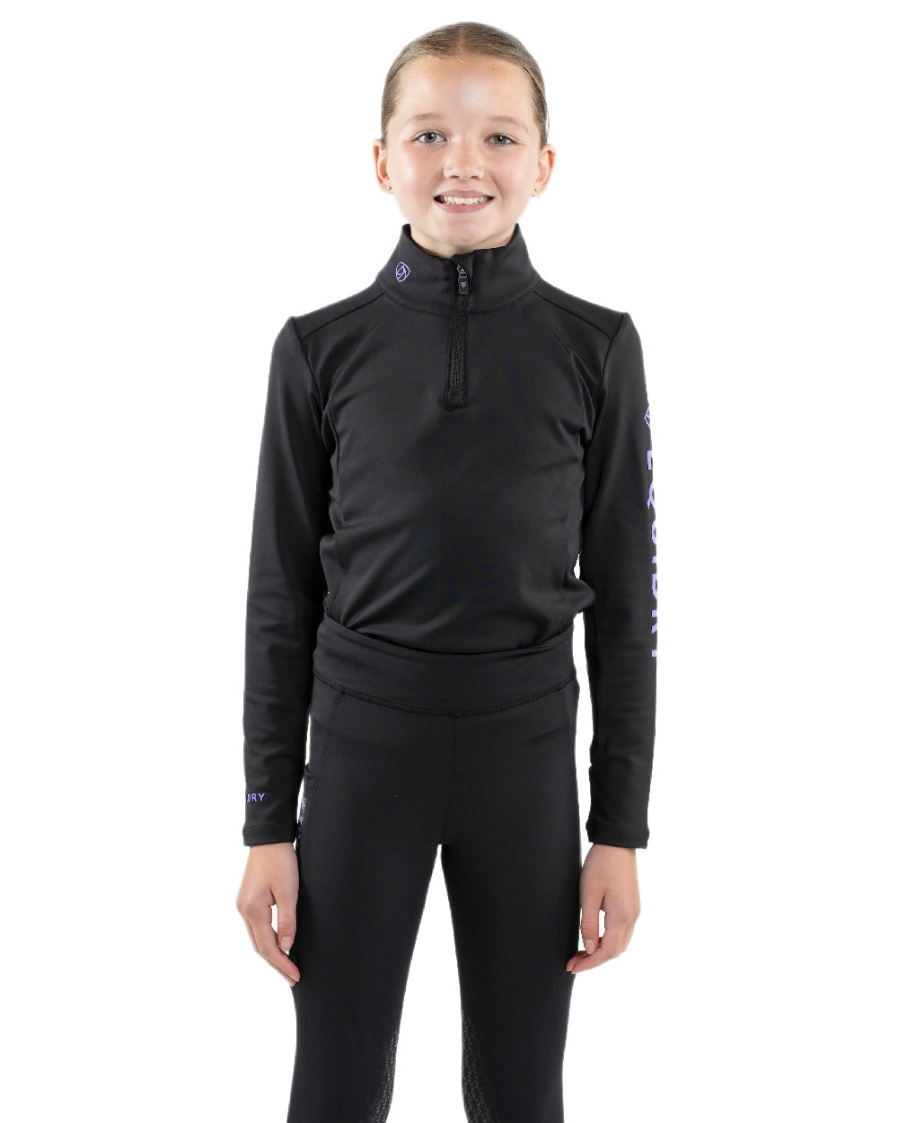 Black Lilac Coloured Equidry Childrens Water Repellent Base Layer on white background 