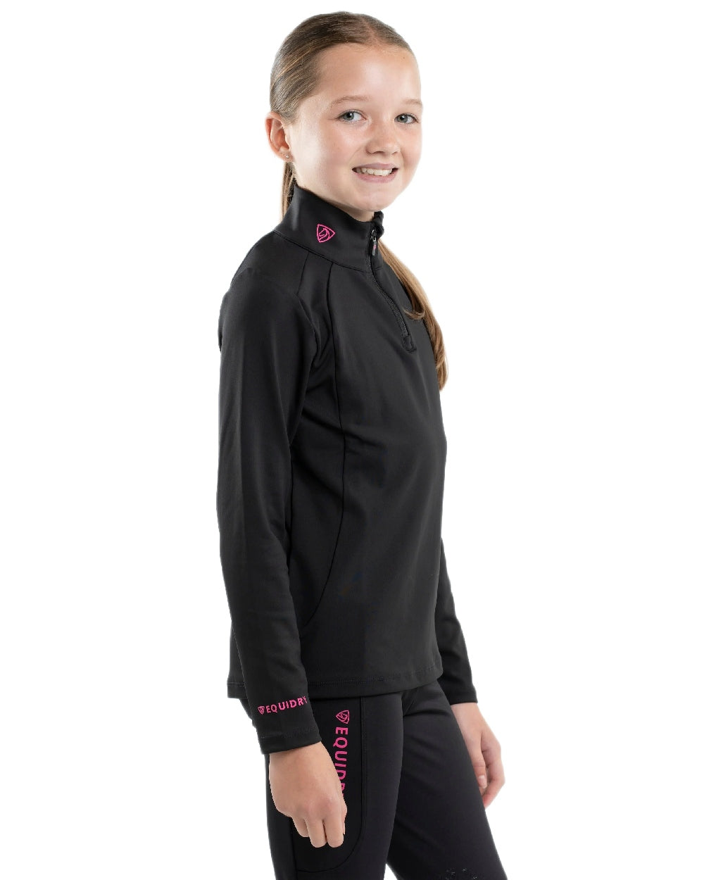 Black Peacock Pink Coloured Equidry Childrens Water Repellent Base Layer on white background 