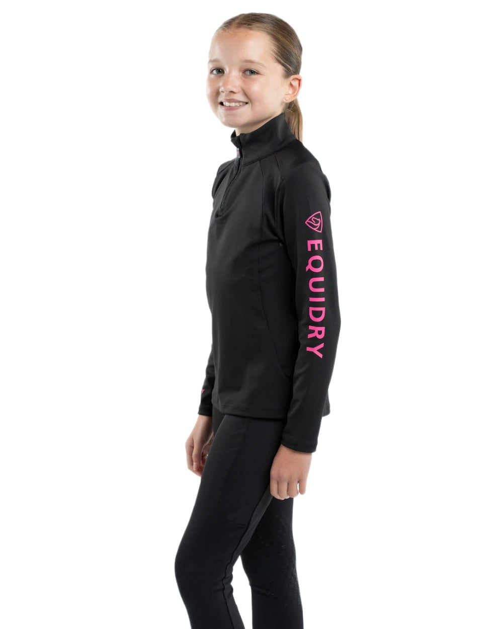Black Peacock Pink Coloured Equidry Childrens Water Repellent Base Layer on white background 