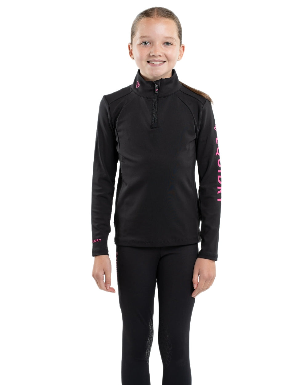 Black Peacock Pink Coloured Equidry Childrens Water Repellent Base Layer on white background 