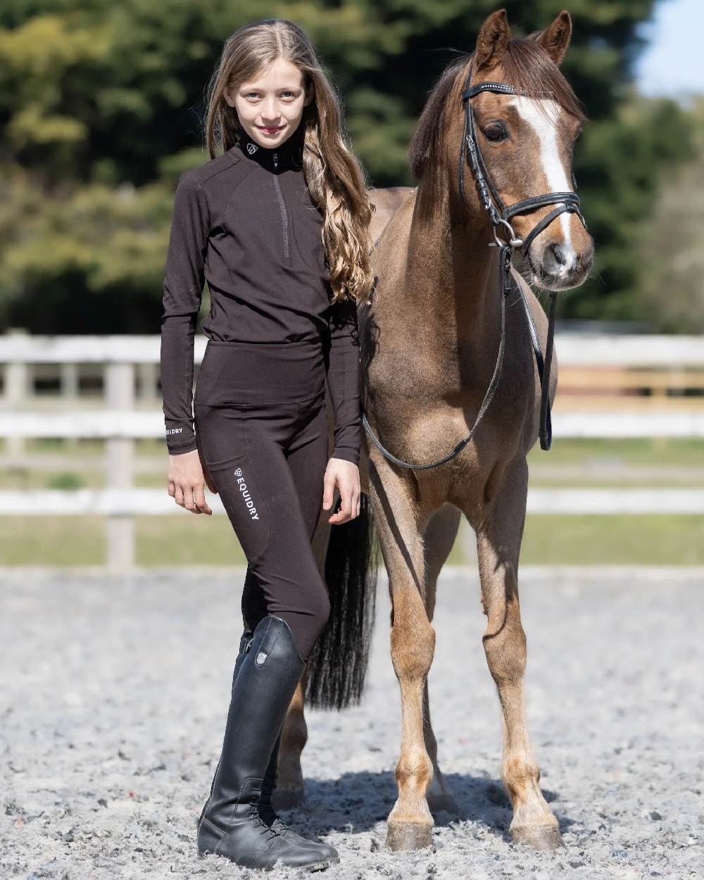 Brown White Coloured Equidry Childrens Water Repellent Base Layer on outdoor background 