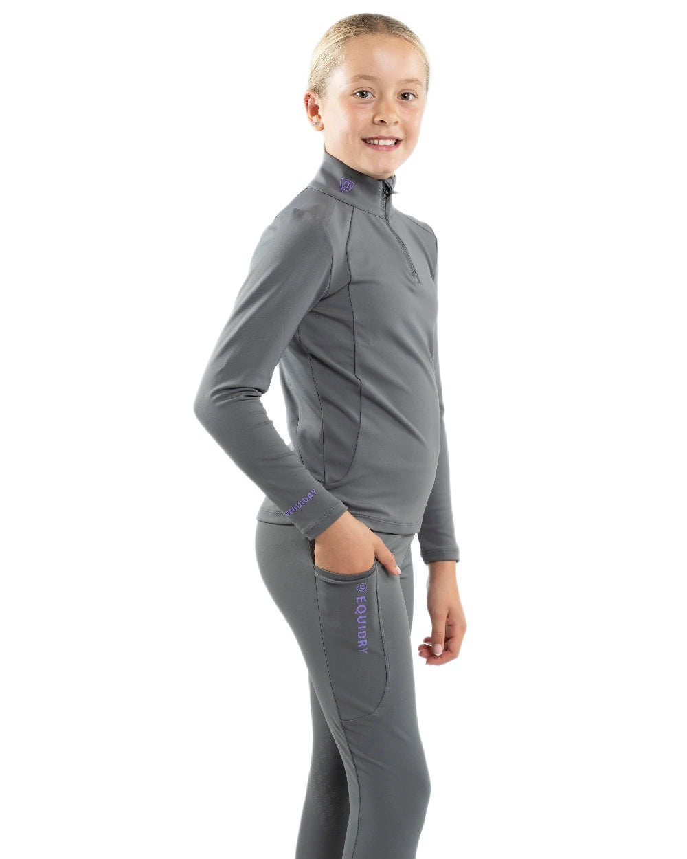 Grey Lilac Coloured Equidry Childrens Water Repellent Base Layer on white background 