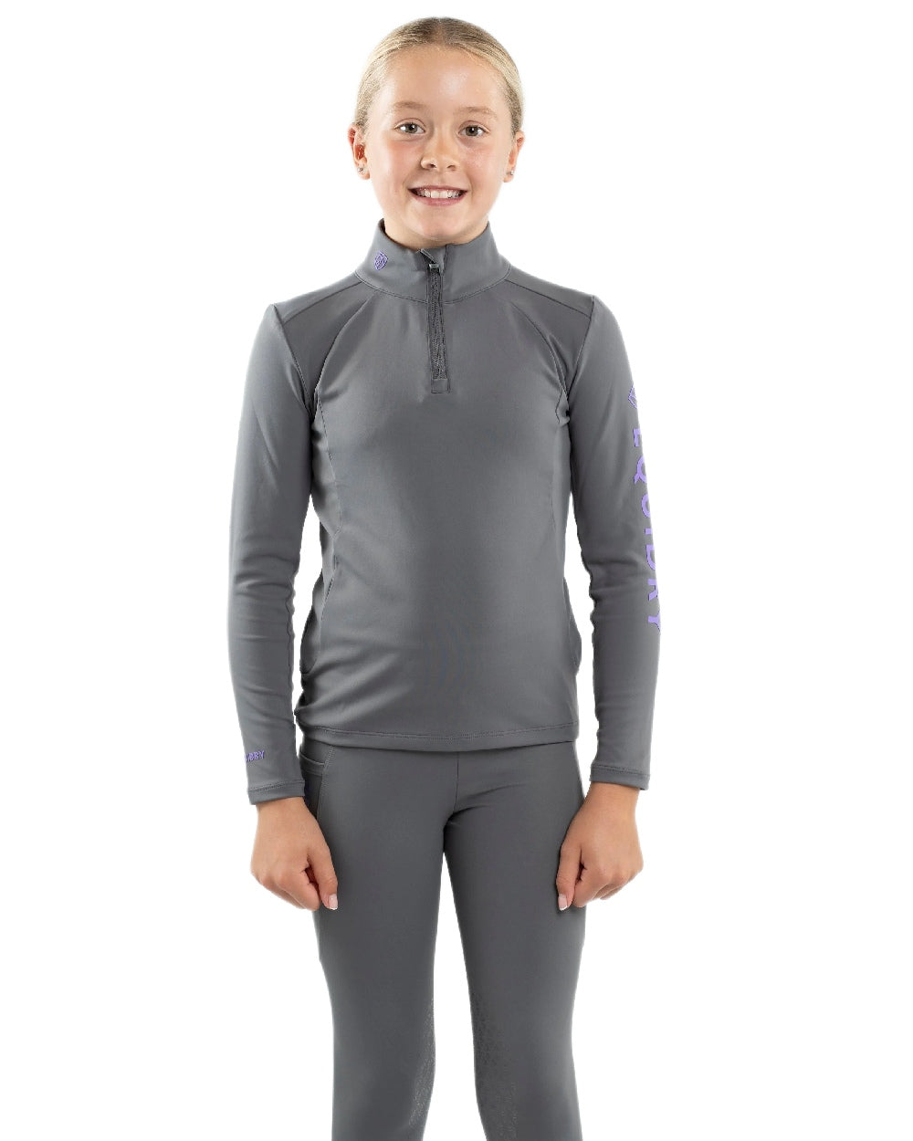Grey Lilac Coloured Equidry Childrens Water Repellent Base Layer on white background 
