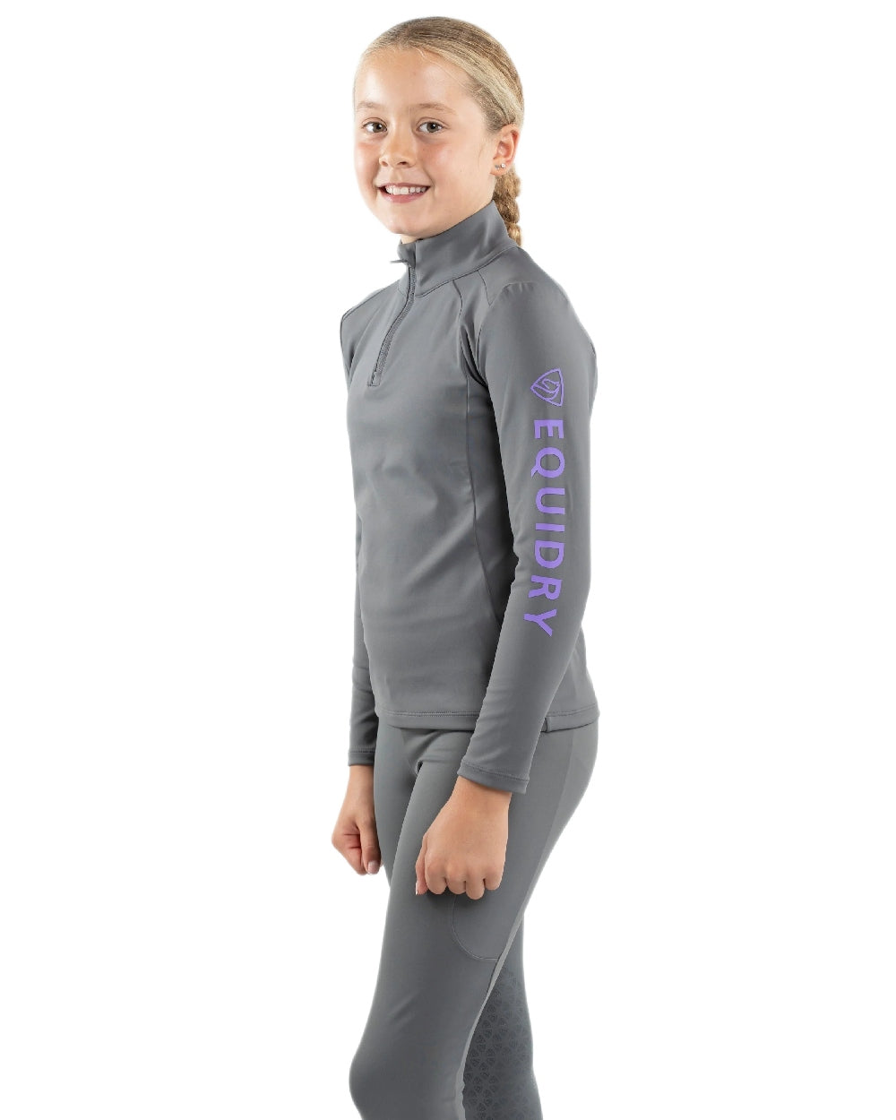 Grey Lilac Coloured Equidry Childrens Water Repellent Base Layer on white background 