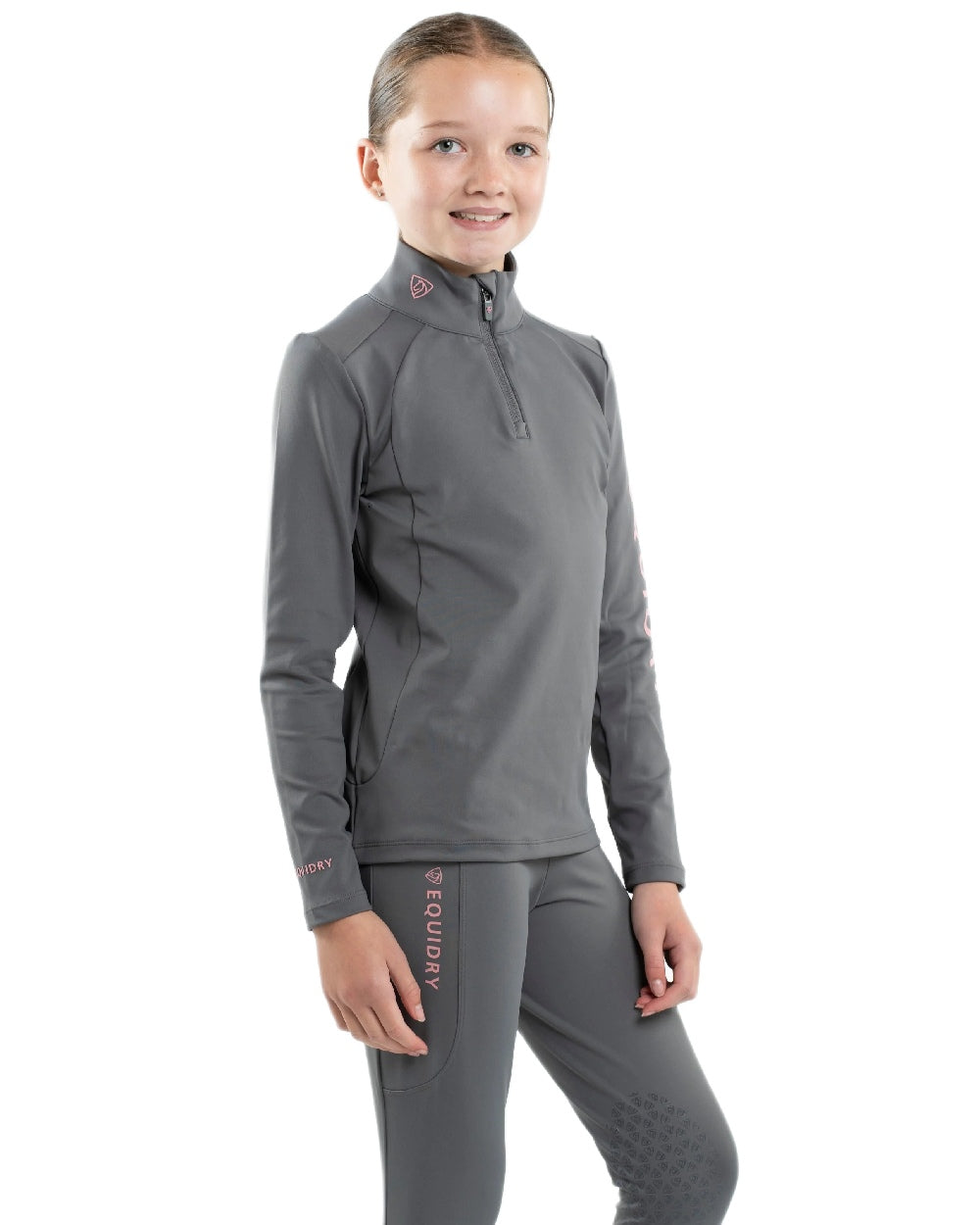 Grey Pale Pink Coloured Equidry Childrens Water Repellent Base Layer on white background 