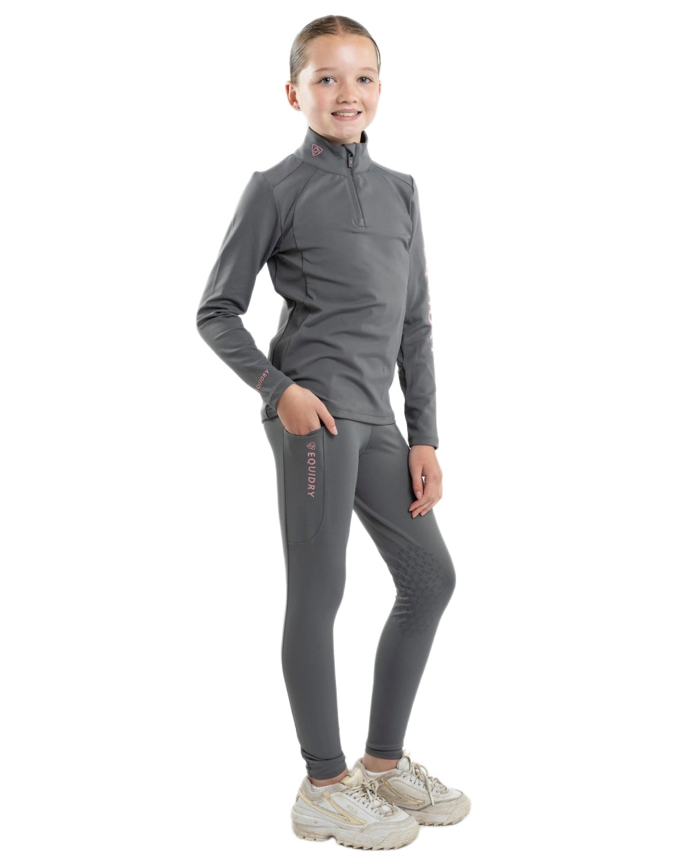 Grey Pale Pink Coloured Equidry Childrens Water Repellent Base Layer on white background 