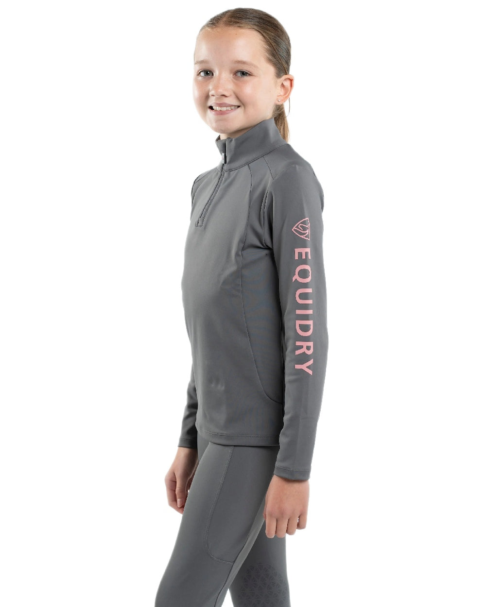 Grey Pale Pink Coloured Equidry Childrens Water Repellent Base Layer on white background 