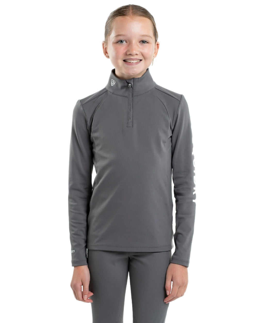 Grey White Coloured Equidry Childrens Water Repellent Base Layer on white background 