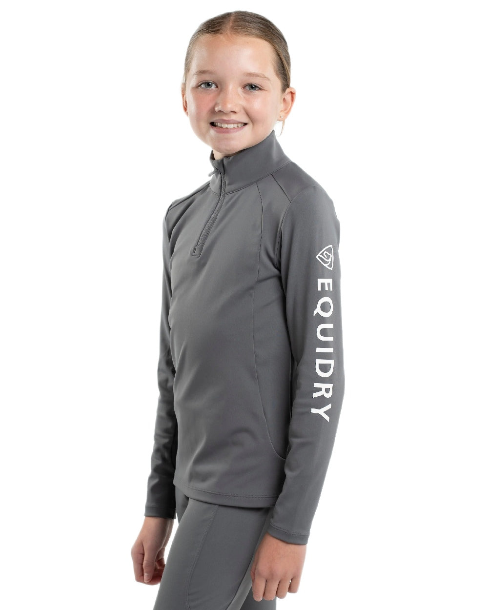 Grey White Coloured Equidry Childrens Water Repellent Base Layer on white background 