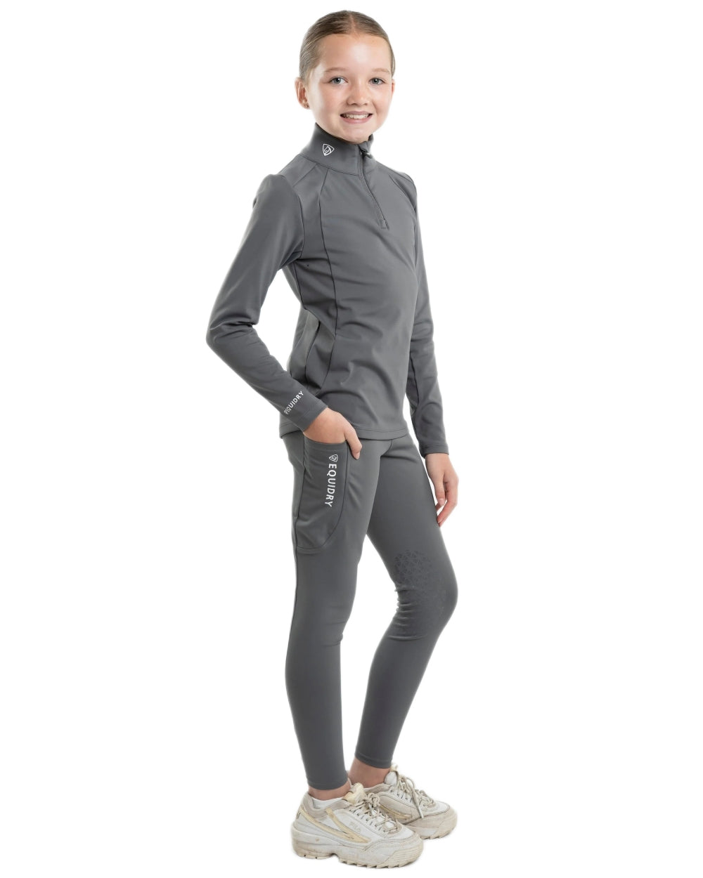 Grey White Coloured Equidry Childrens Water Repellent Base Layer on white background 