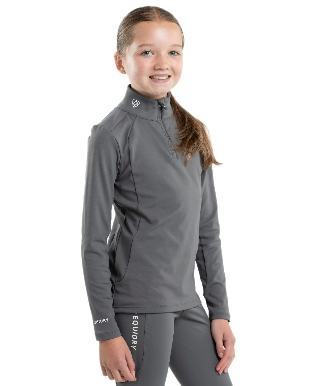 Grey White Coloured Equidry Childrens Water Repellent Base Layer on white background 