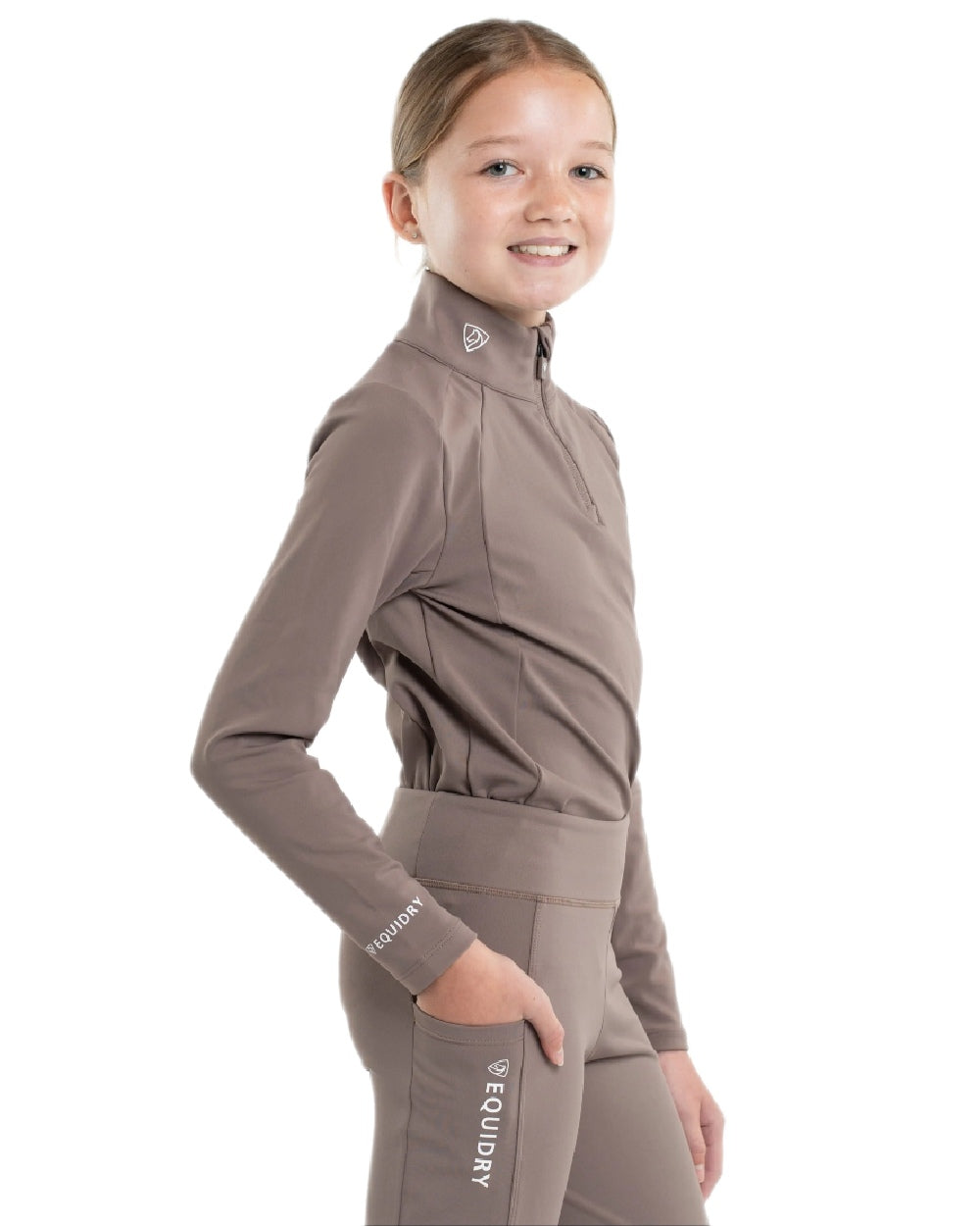 Mocha White Coloured Equidry Childrens Water Repellent Base Layer on white background 