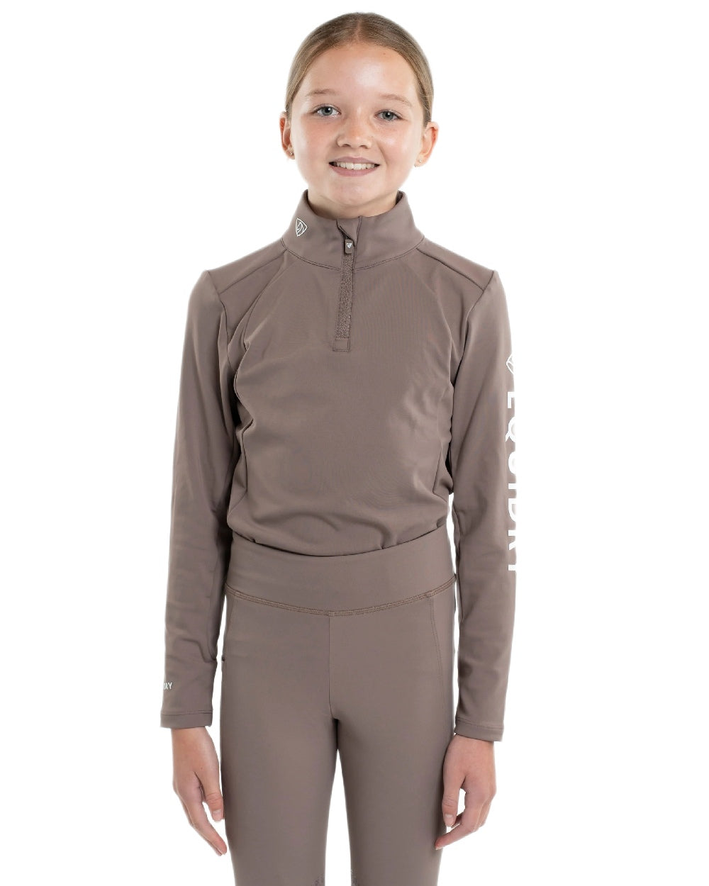 Mocha White Coloured Equidry Childrens Water Repellent Base Layer on white background 