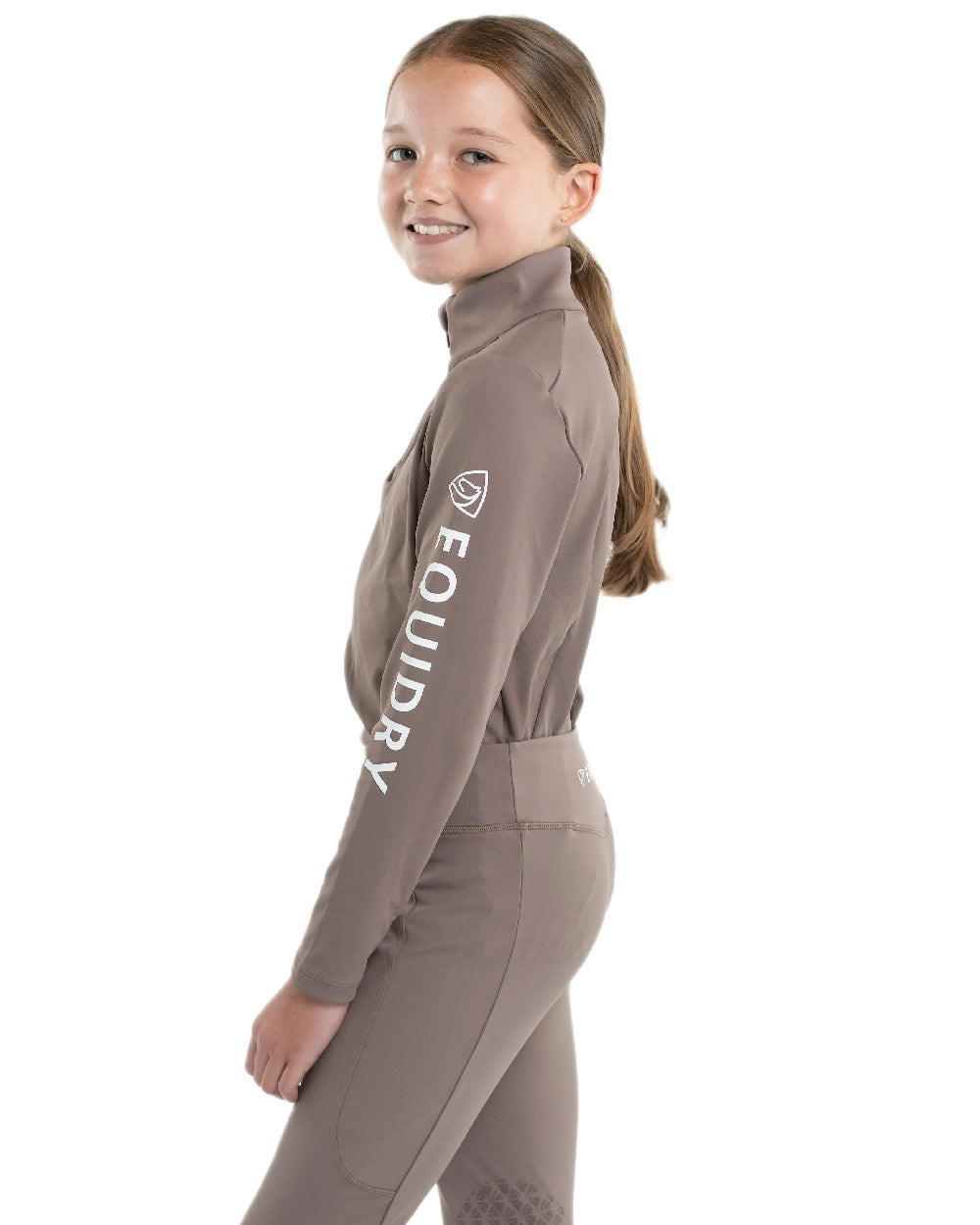 Mocha White Coloured Equidry Childrens Water Repellent Base Layer on white background 