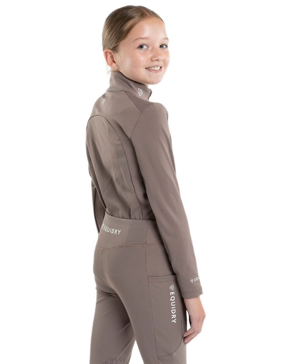 Mocha White Coloured Equidry Childrens Water Repellent Base Layer on white background 