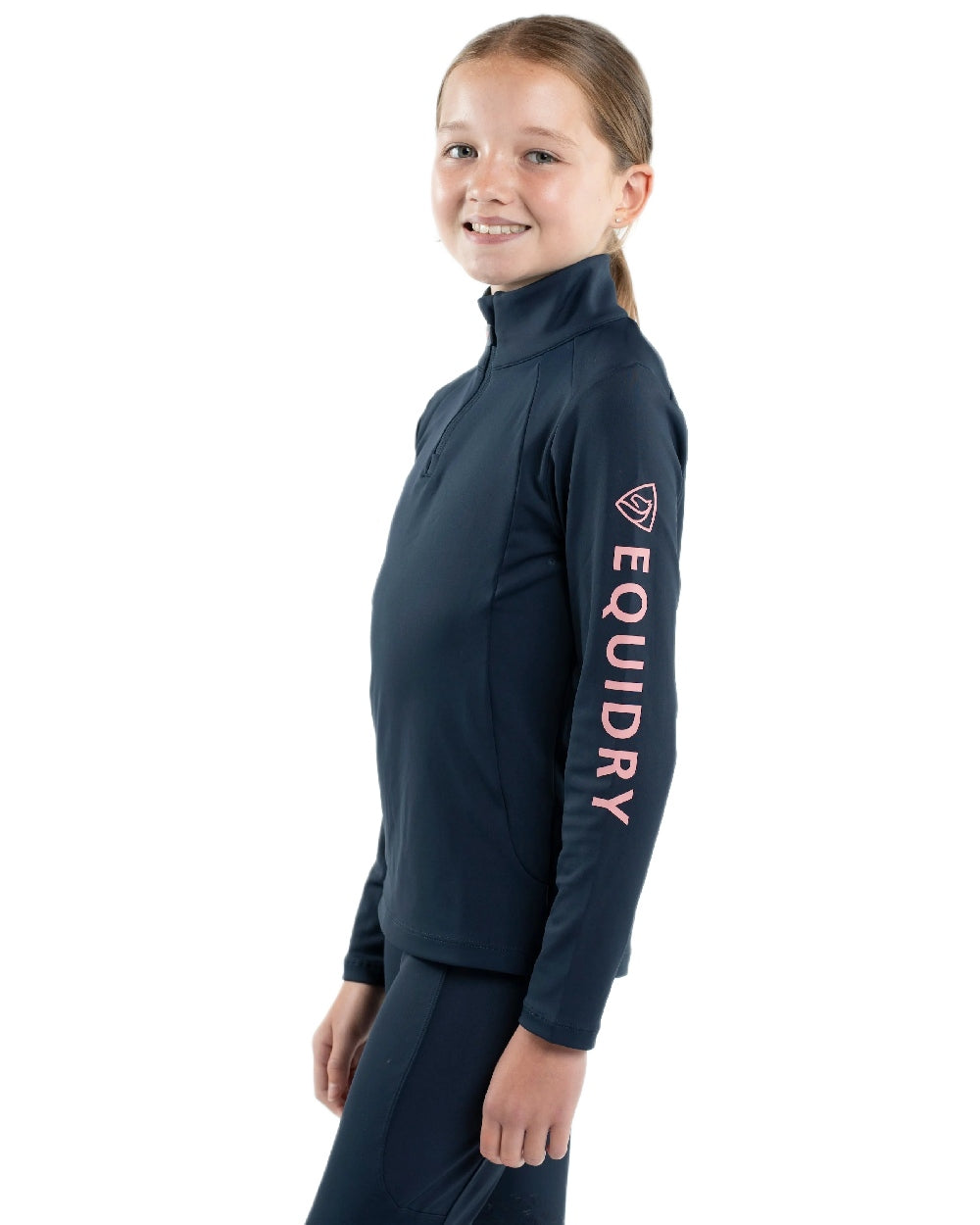 Navy Pale Pink Coloured Equidry Childrens Water Repellent Base Layer on white background 
